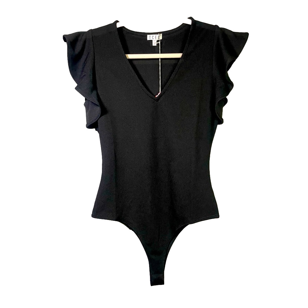 TCEC Black Short Ruffle Sleeve Bodysuit Size Medium